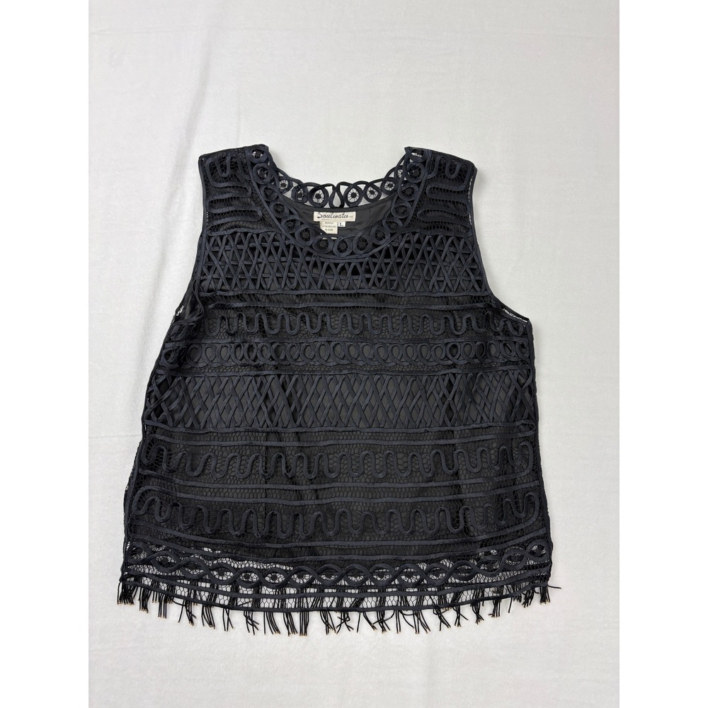 Soulmates Silk Hand Crocheted Blouse Black Beaded Tassel Fringe Tank Top Large
